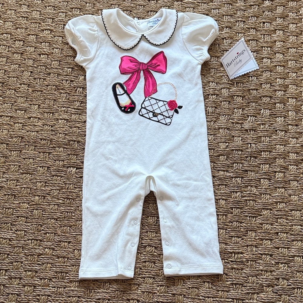 Hartstrings Baby White Romper with Pink Bow Purse and Shoe Accents